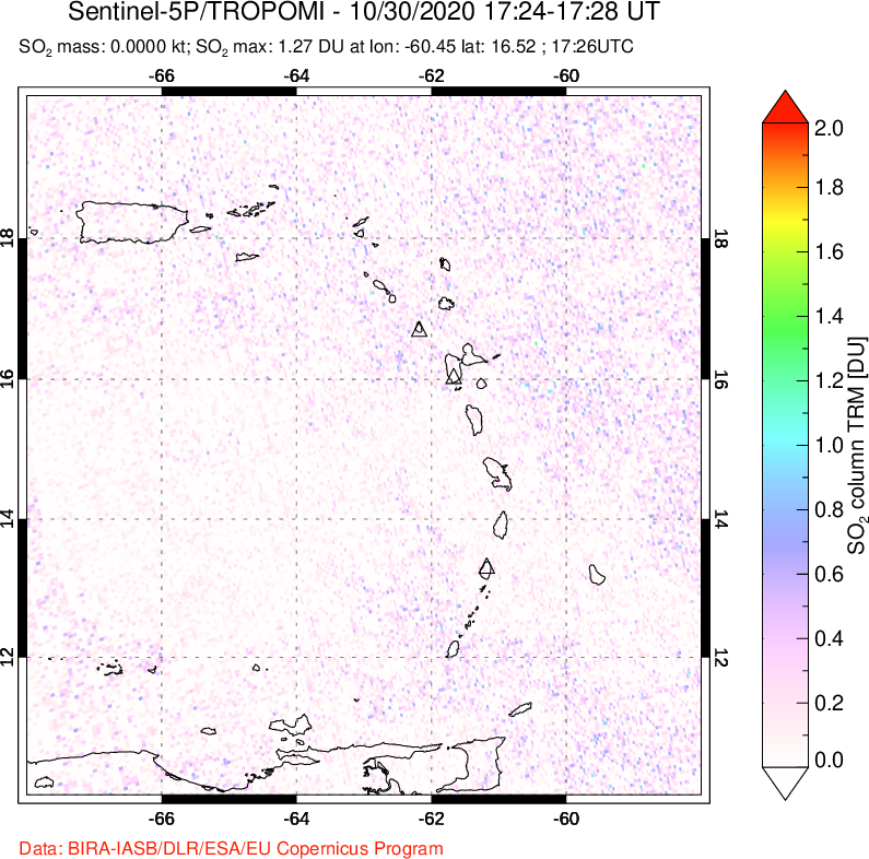 A sulfur dioxide image over Montserrat, West Indies on Oct 30, 2020.