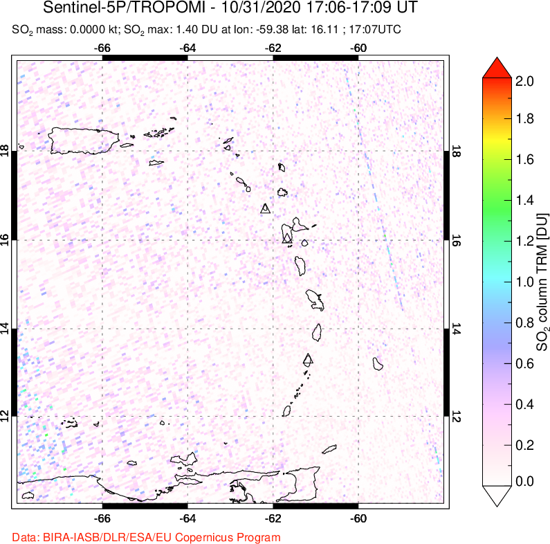 A sulfur dioxide image over Montserrat, West Indies on Oct 31, 2020.