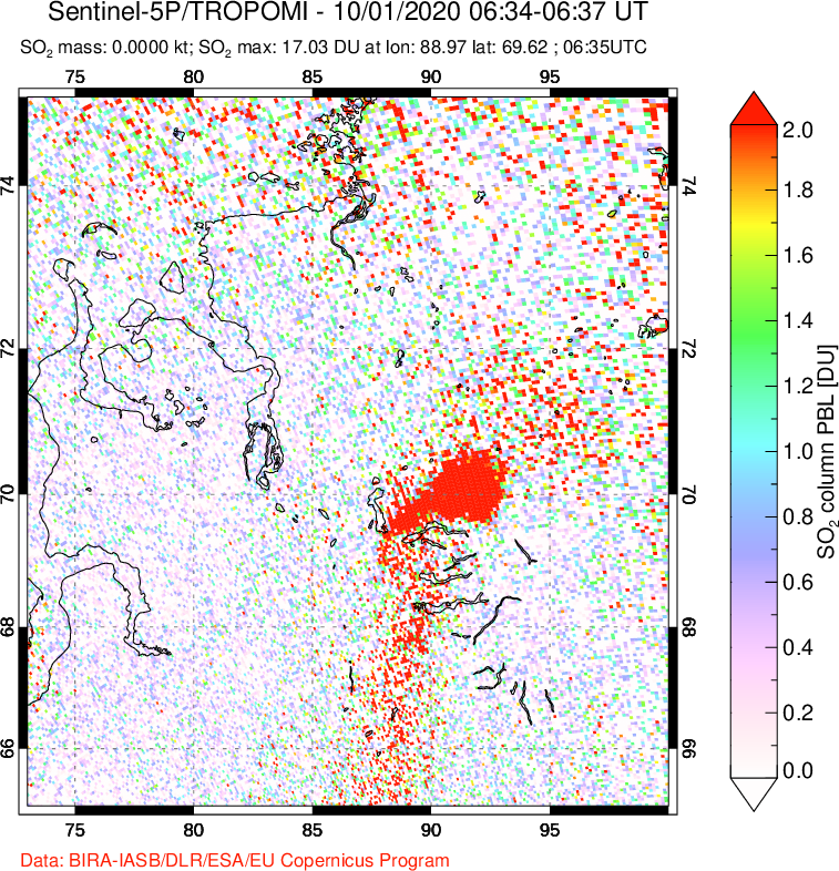 A sulfur dioxide image over Norilsk, Russian Federation on Oct 01, 2020.