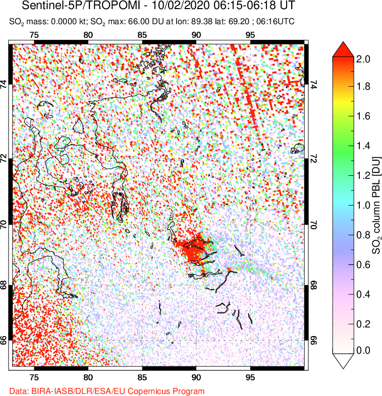 A sulfur dioxide image over Norilsk, Russian Federation on Oct 02, 2020.