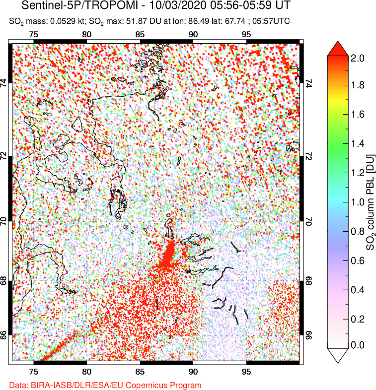 A sulfur dioxide image over Norilsk, Russian Federation on Oct 03, 2020.