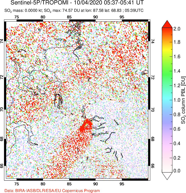 A sulfur dioxide image over Norilsk, Russian Federation on Oct 04, 2020.