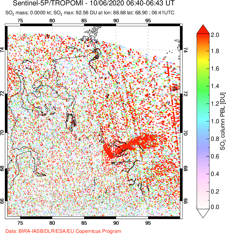 A sulfur dioxide image over Norilsk, Russian Federation on Oct 06, 2020.