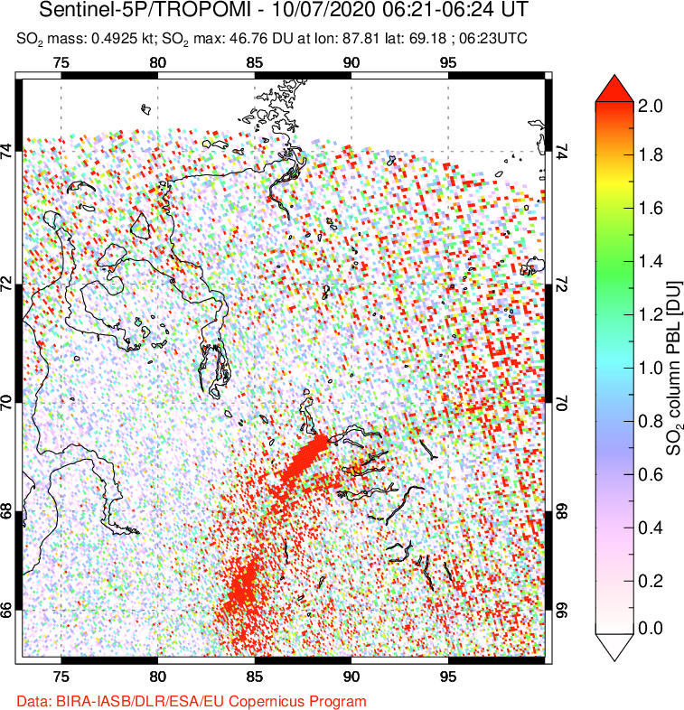 A sulfur dioxide image over Norilsk, Russian Federation on Oct 07, 2020.