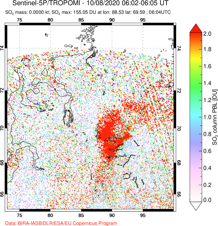 A sulfur dioxide image over Norilsk, Russian Federation on Oct 08, 2020.