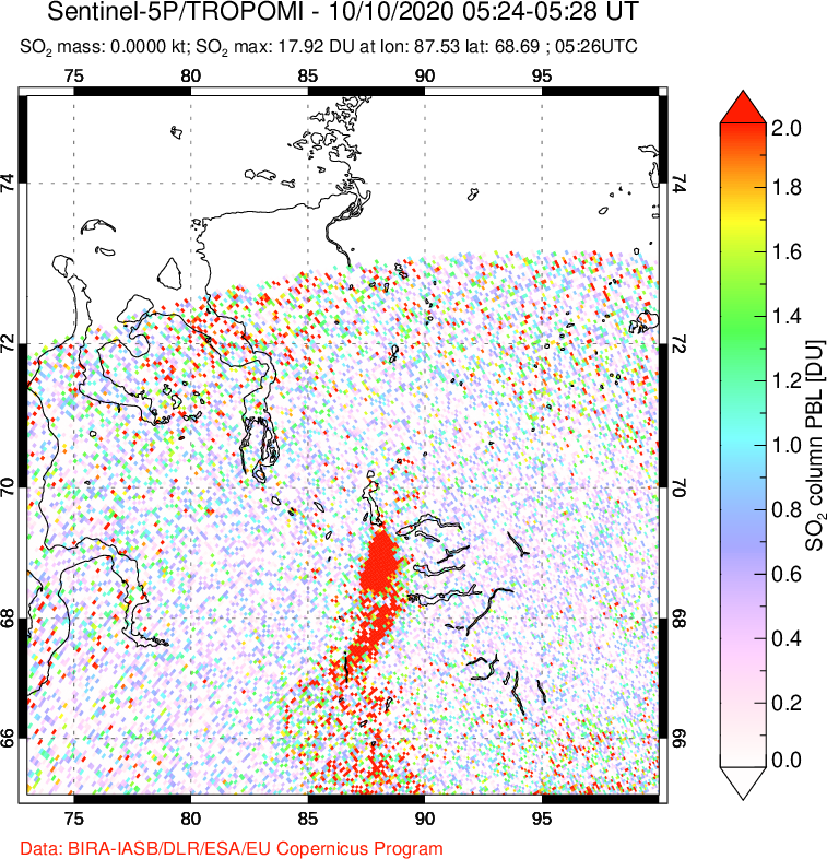 A sulfur dioxide image over Norilsk, Russian Federation on Oct 10, 2020.