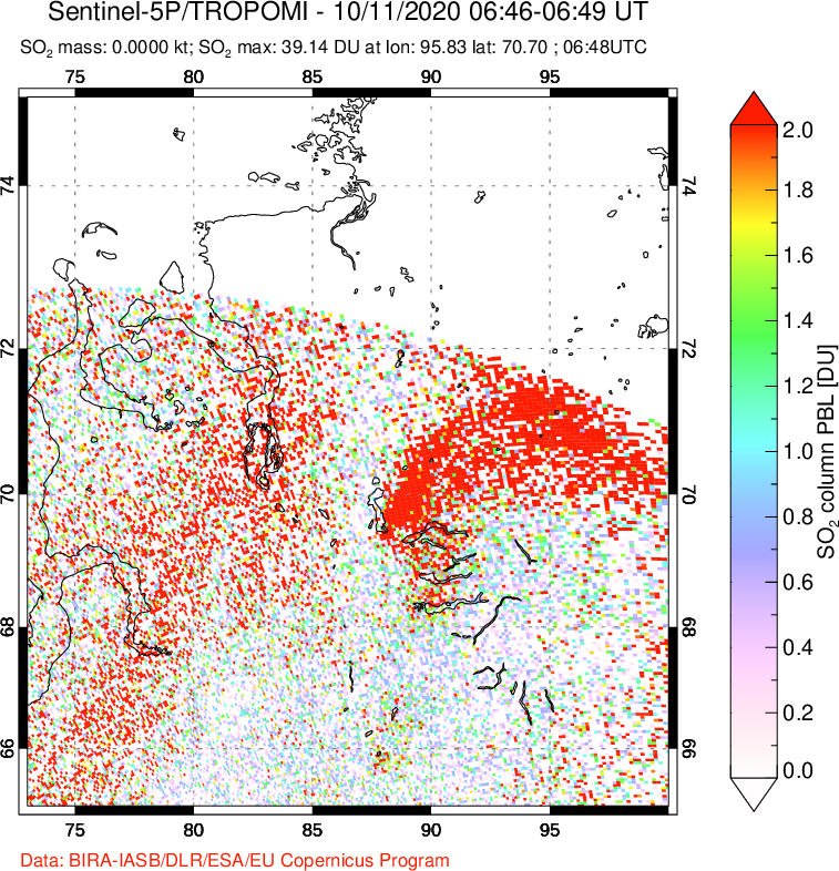 A sulfur dioxide image over Norilsk, Russian Federation on Oct 11, 2020.