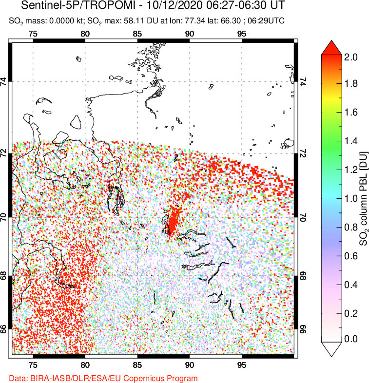 A sulfur dioxide image over Norilsk, Russian Federation on Oct 12, 2020.