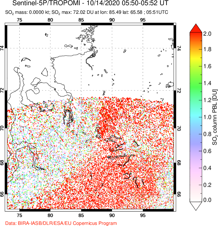A sulfur dioxide image over Norilsk, Russian Federation on Oct 14, 2020.