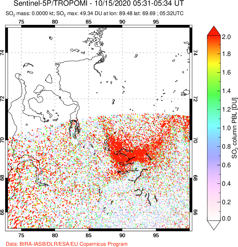 A sulfur dioxide image over Norilsk, Russian Federation on Oct 15, 2020.