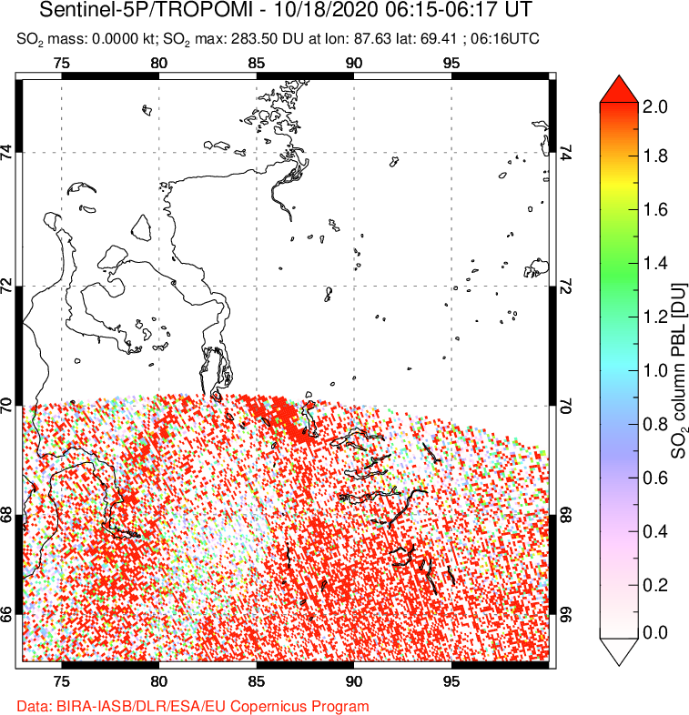 A sulfur dioxide image over Norilsk, Russian Federation on Oct 18, 2020.