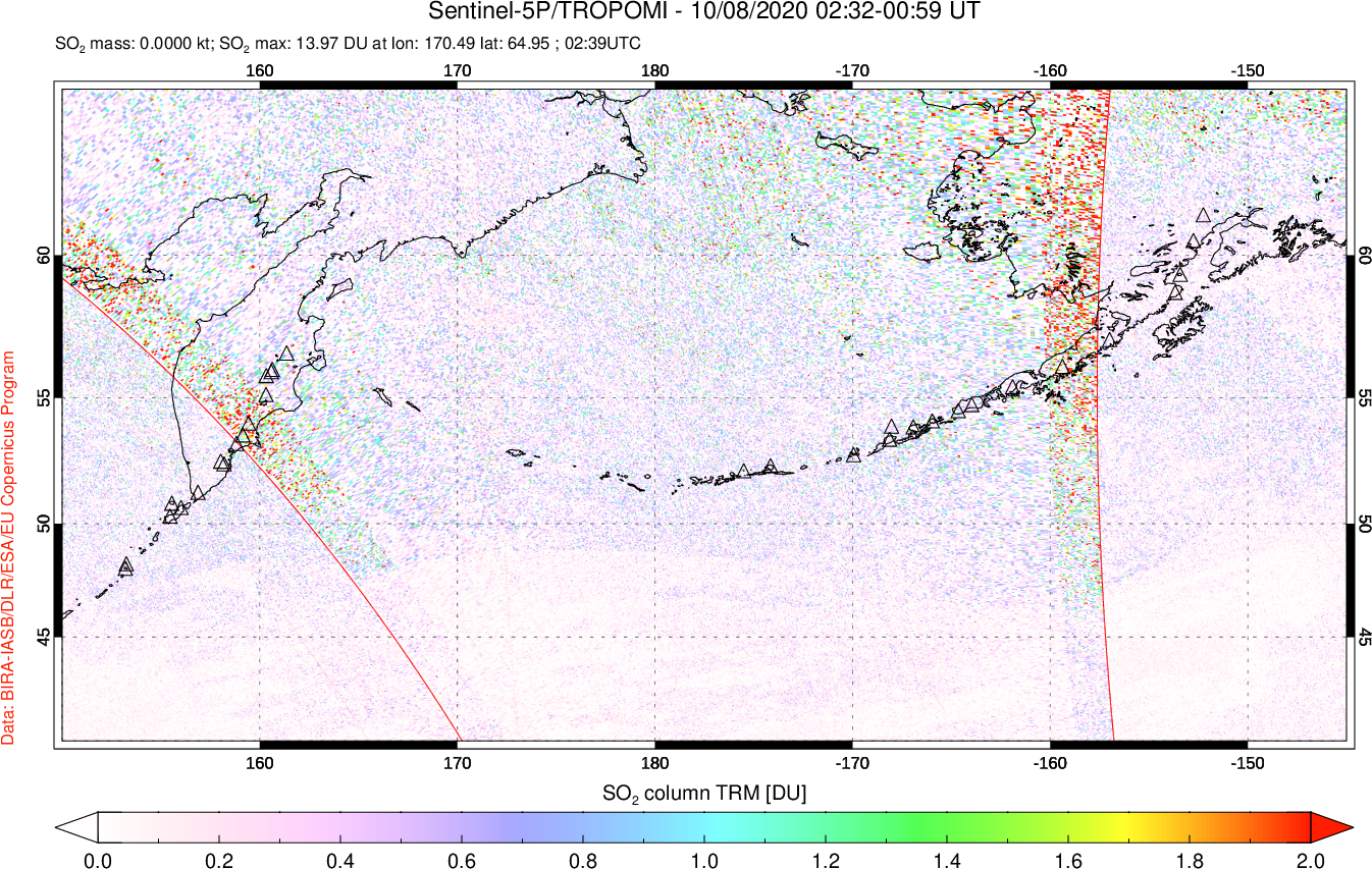 A sulfur dioxide image over North Pacific on Oct 08, 2020.