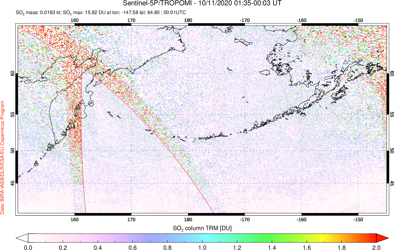 A sulfur dioxide image over North Pacific on Oct 11, 2020.