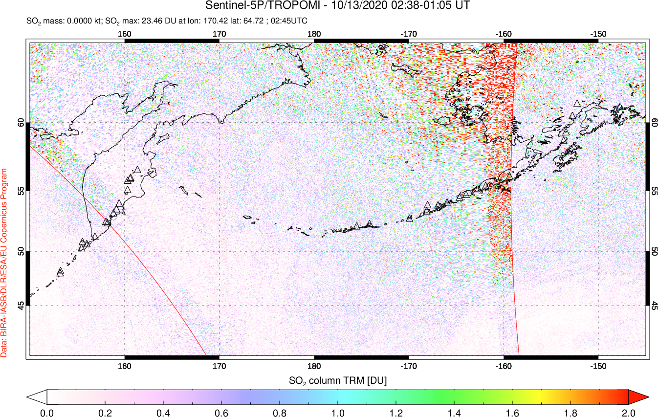 A sulfur dioxide image over North Pacific on Oct 13, 2020.