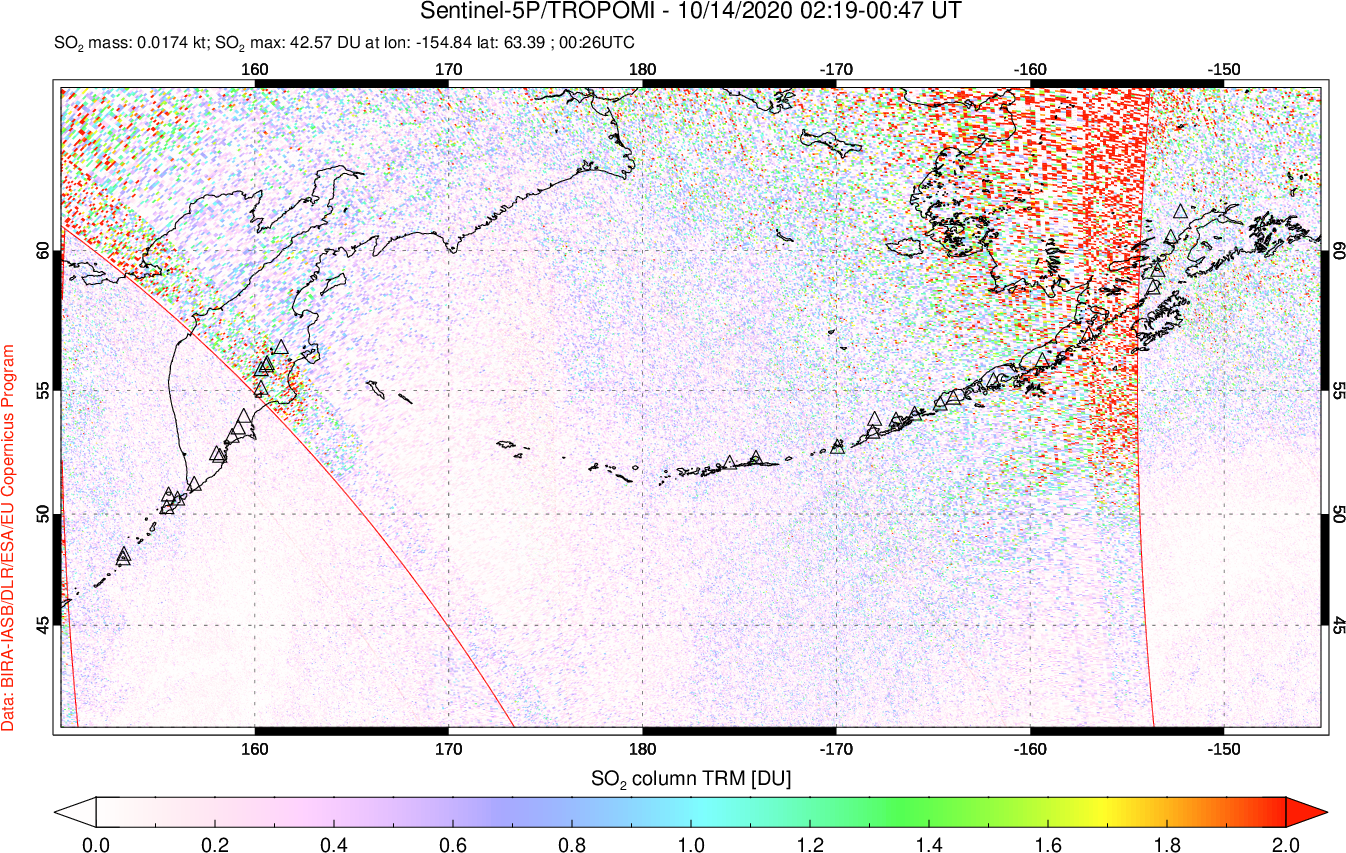 A sulfur dioxide image over North Pacific on Oct 14, 2020.