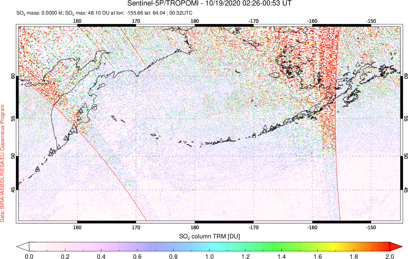 A sulfur dioxide image over North Pacific on Oct 19, 2020.