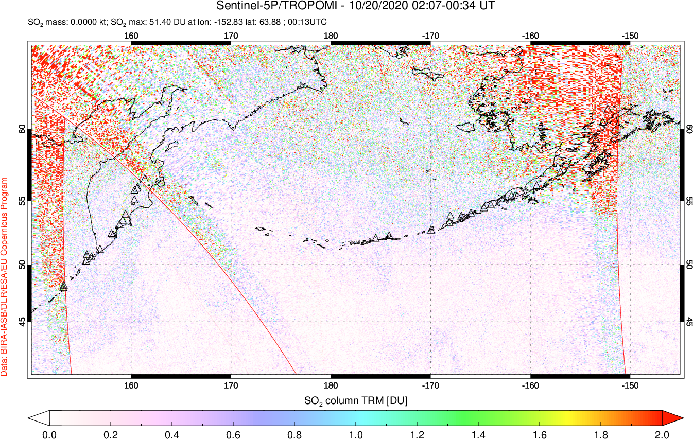 A sulfur dioxide image over North Pacific on Oct 20, 2020.
