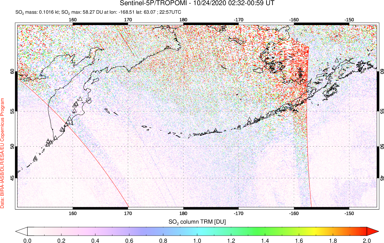 A sulfur dioxide image over North Pacific on Oct 24, 2020.