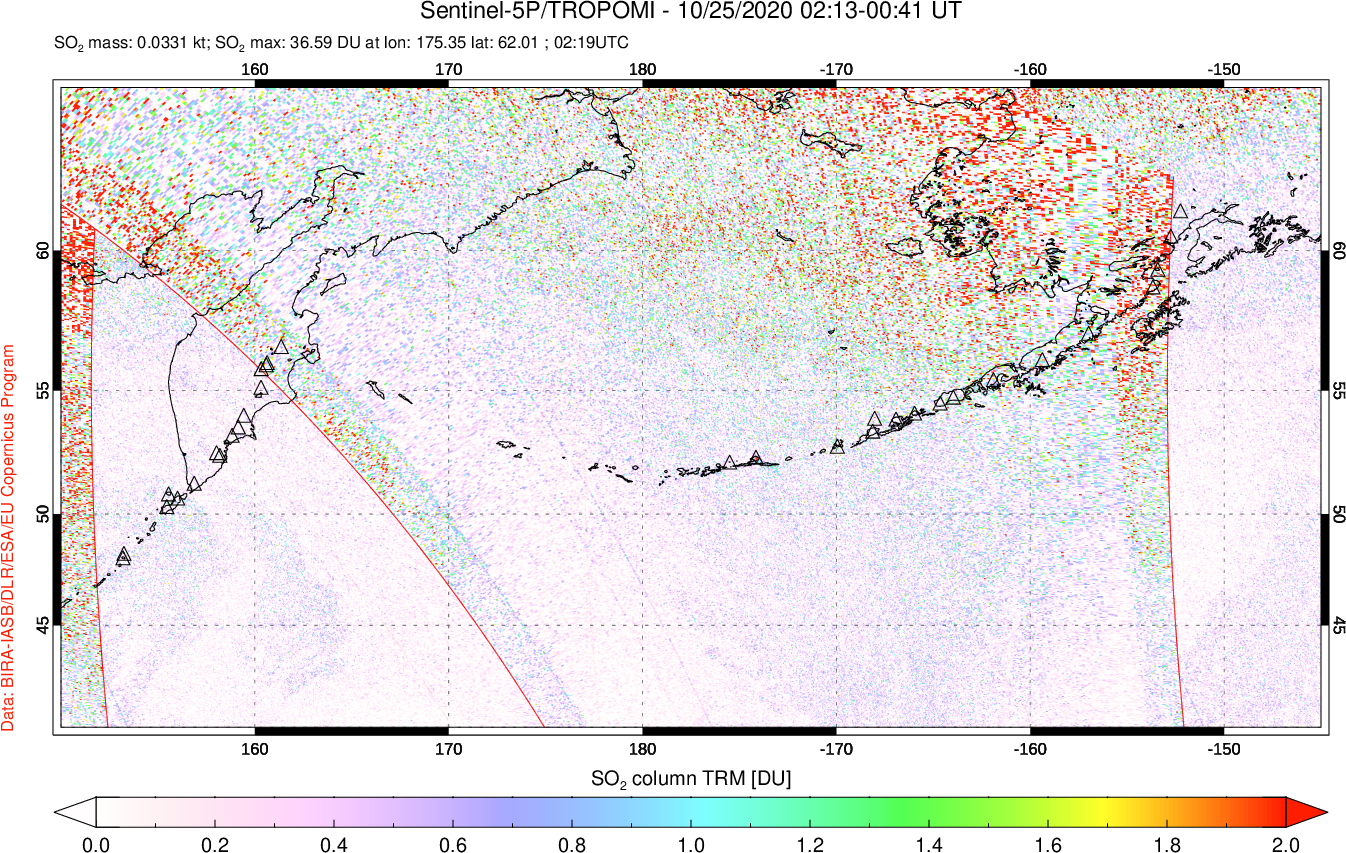 A sulfur dioxide image over North Pacific on Oct 25, 2020.