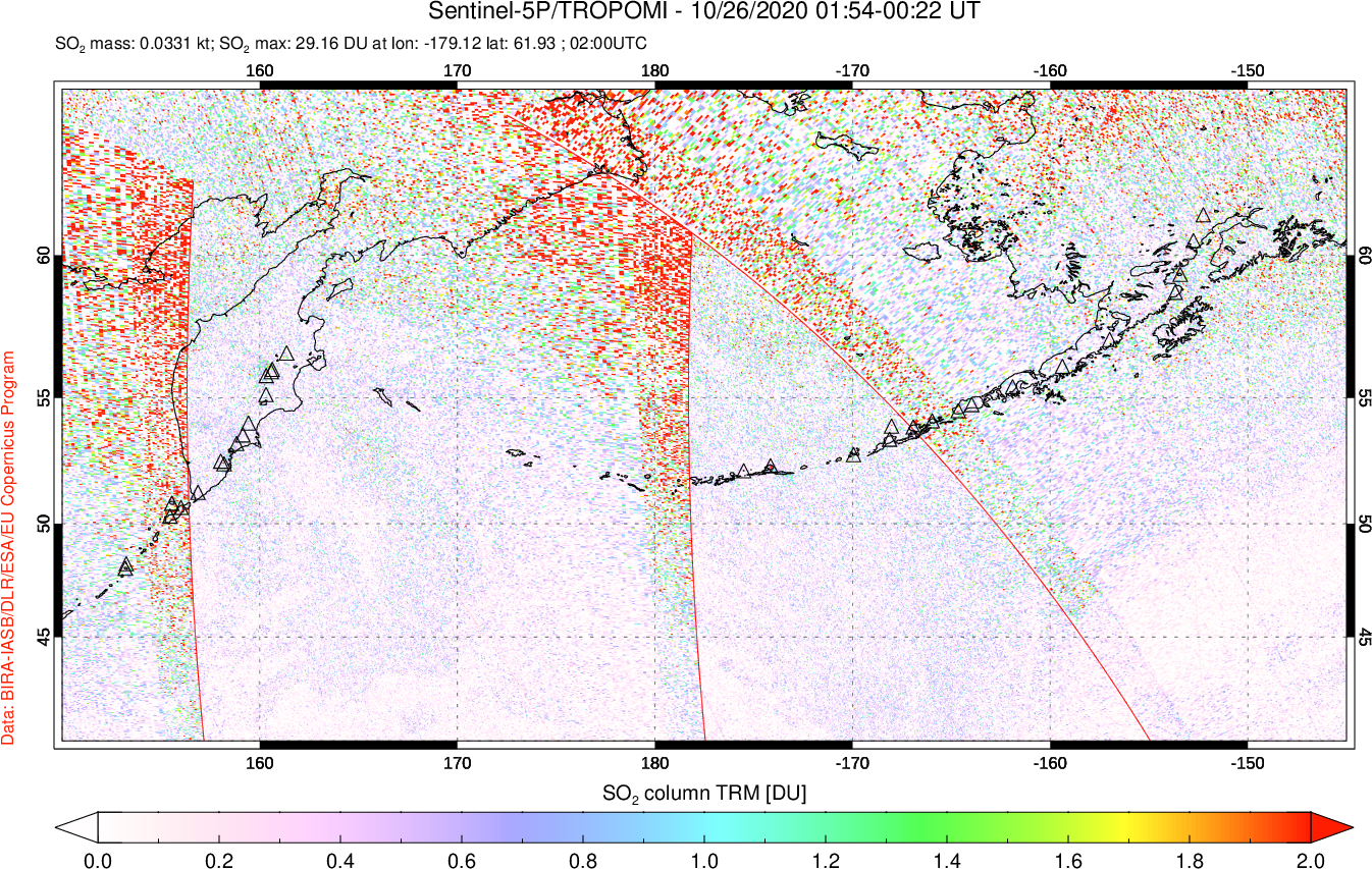 A sulfur dioxide image over North Pacific on Oct 26, 2020.