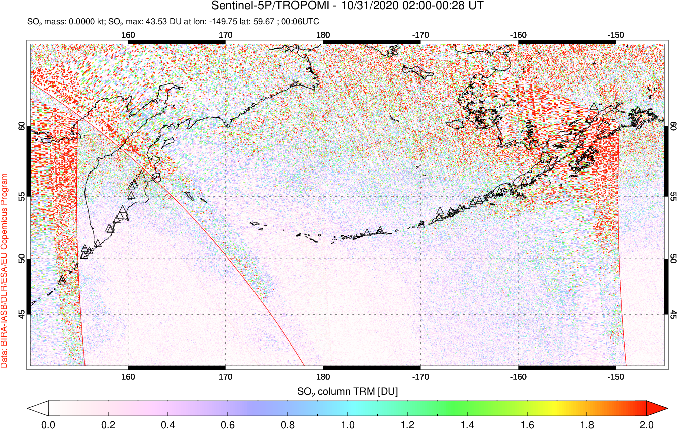 A sulfur dioxide image over North Pacific on Oct 31, 2020.