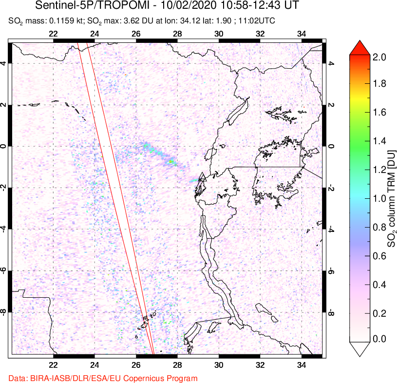 A sulfur dioxide image over Nyiragongo, DR Congo on Oct 02, 2020.
