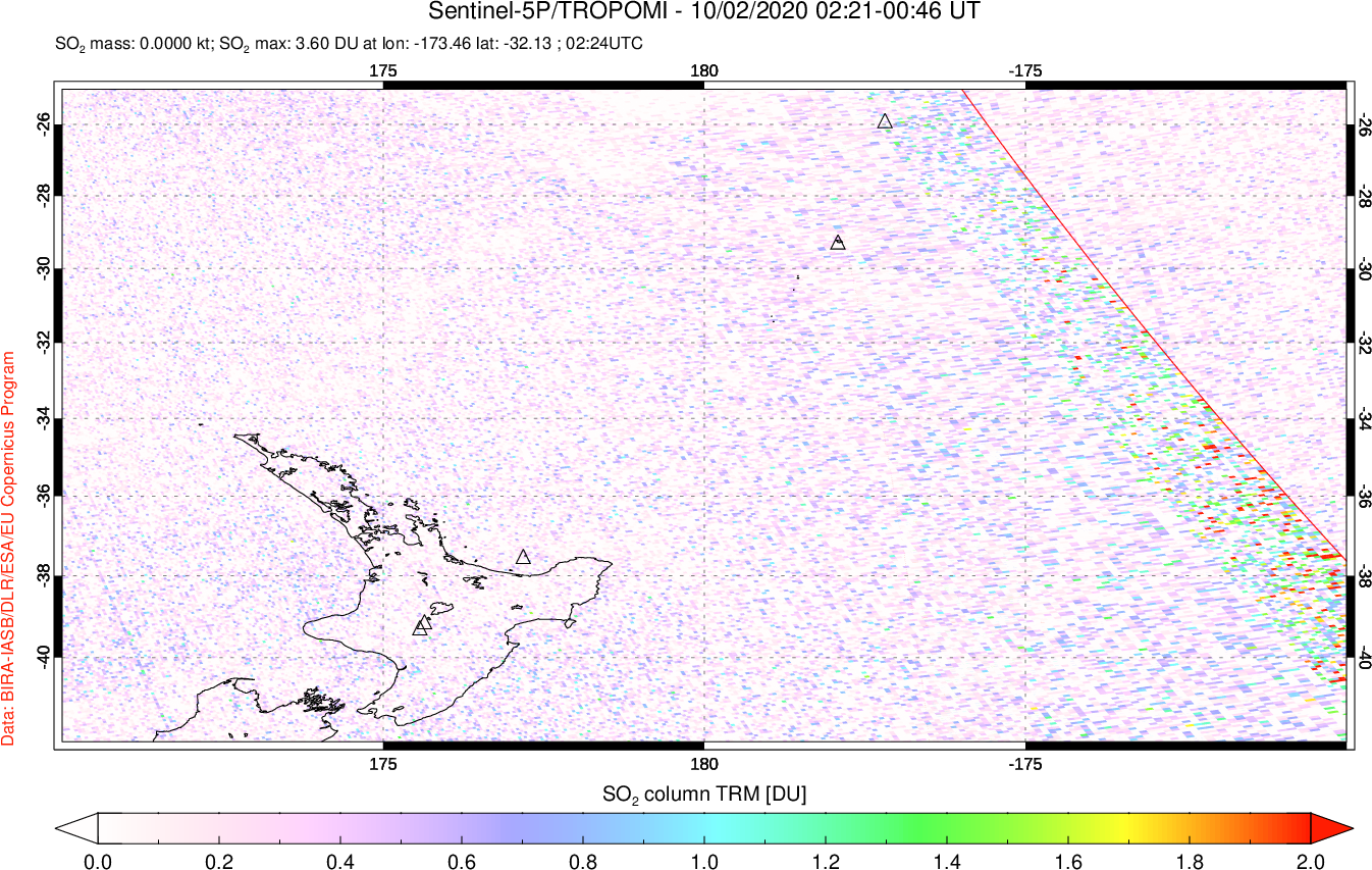 A sulfur dioxide image over New Zealand on Oct 02, 2020.