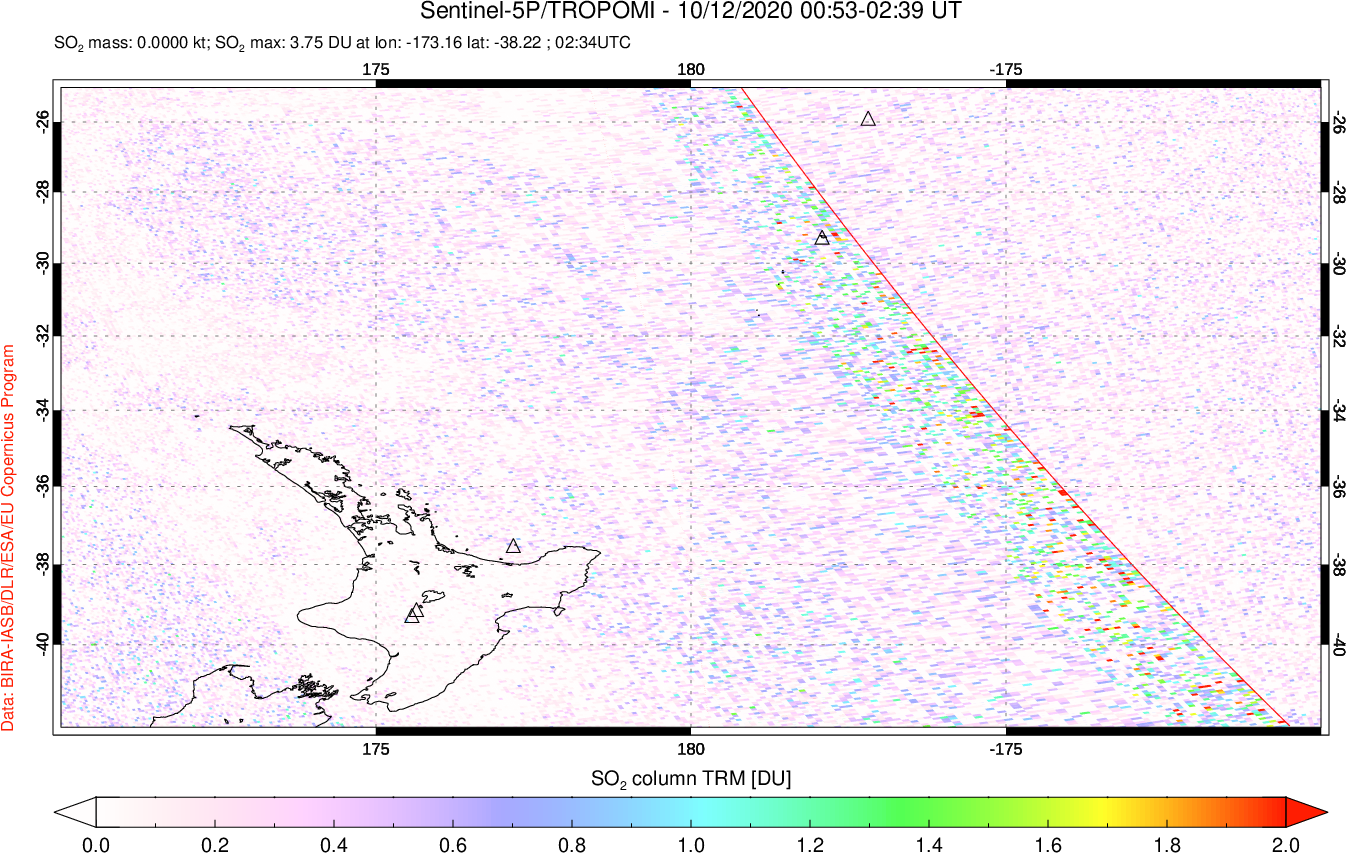 A sulfur dioxide image over New Zealand on Oct 12, 2020.