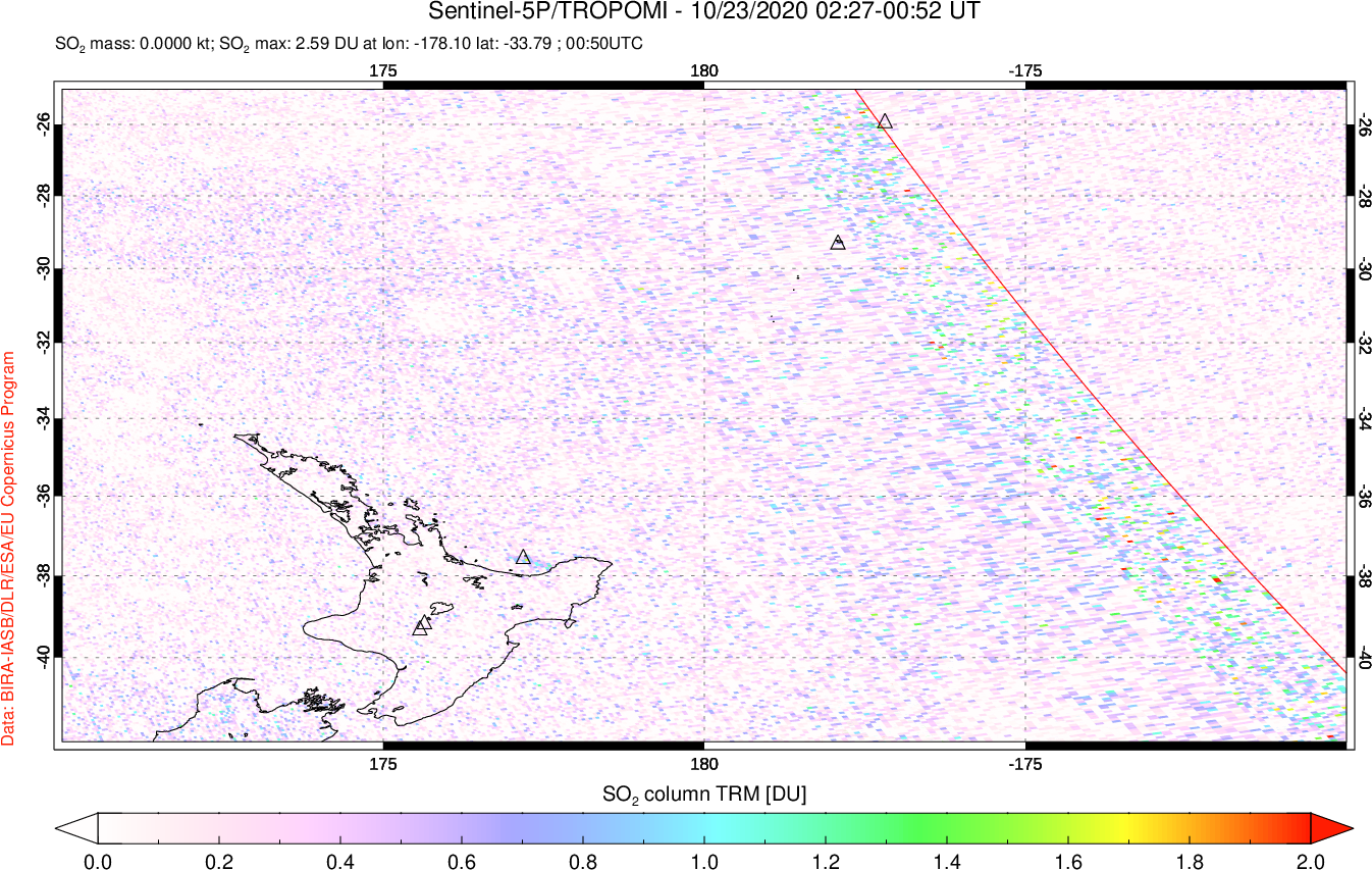 A sulfur dioxide image over New Zealand on Oct 23, 2020.