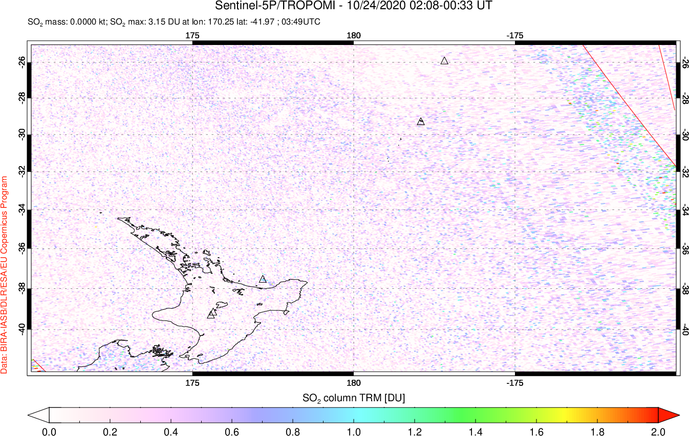 A sulfur dioxide image over New Zealand on Oct 24, 2020.