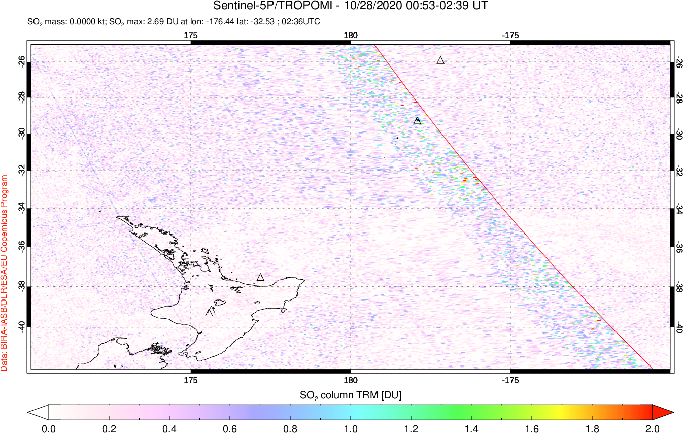 A sulfur dioxide image over New Zealand on Oct 28, 2020.