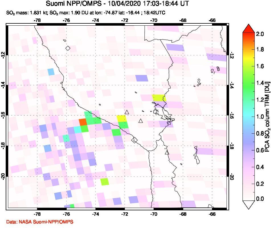 A sulfur dioxide image over Peru on Oct 04, 2020.