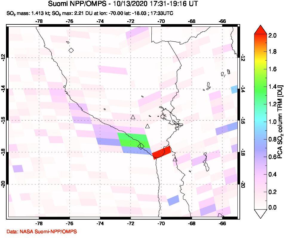 A sulfur dioxide image over Peru on Oct 13, 2020.