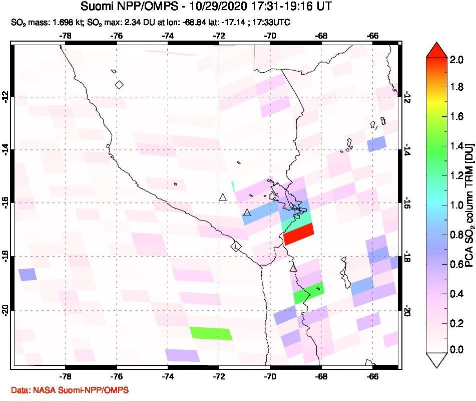 A sulfur dioxide image over Peru on Oct 29, 2020.