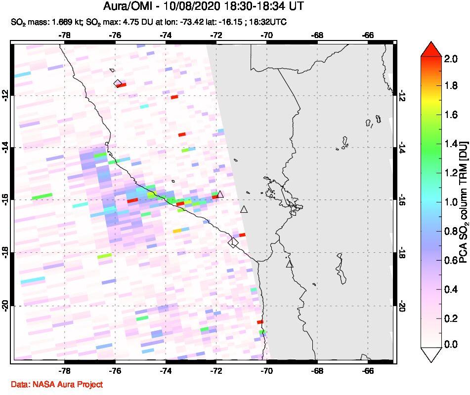 A sulfur dioxide image over Peru on Oct 08, 2020.