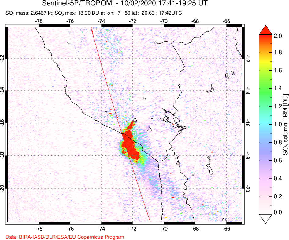 A sulfur dioxide image over Peru on Oct 02, 2020.