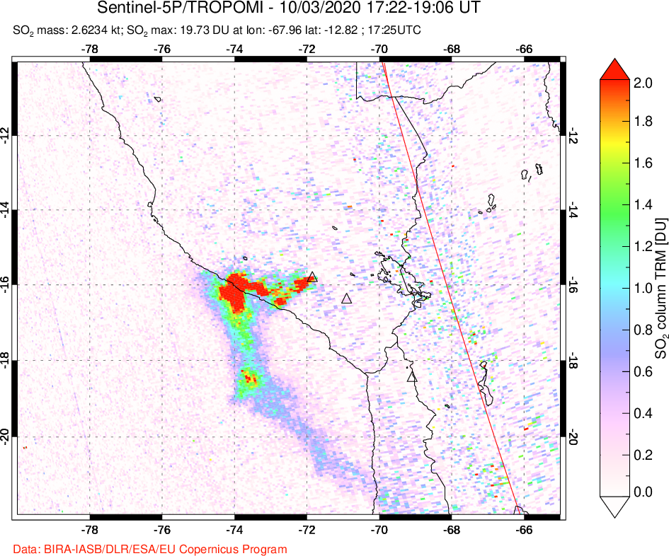 A sulfur dioxide image over Peru on Oct 03, 2020.