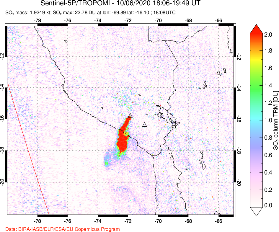 A sulfur dioxide image over Peru on Oct 06, 2020.