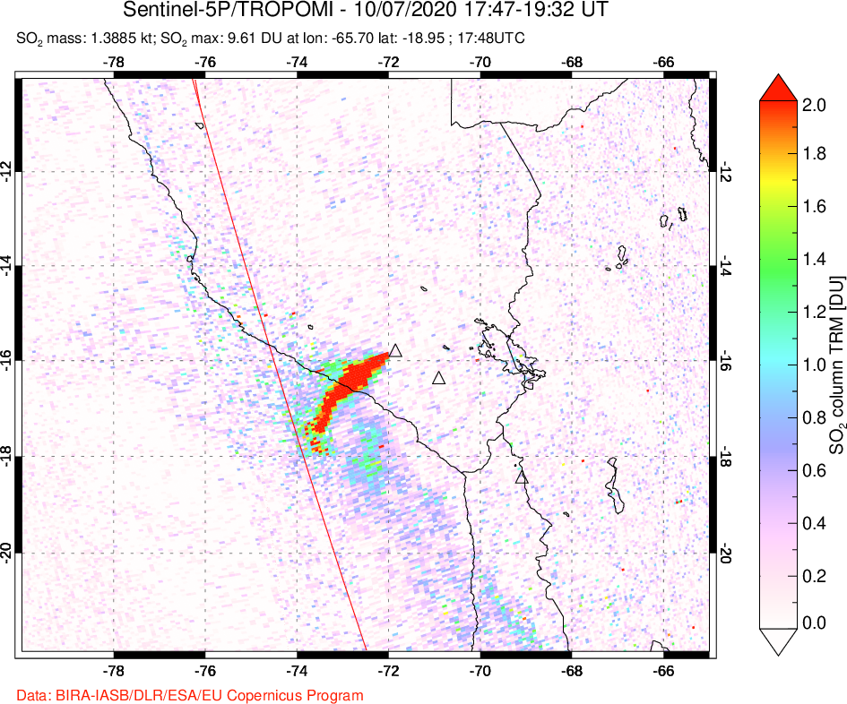 A sulfur dioxide image over Peru on Oct 07, 2020.