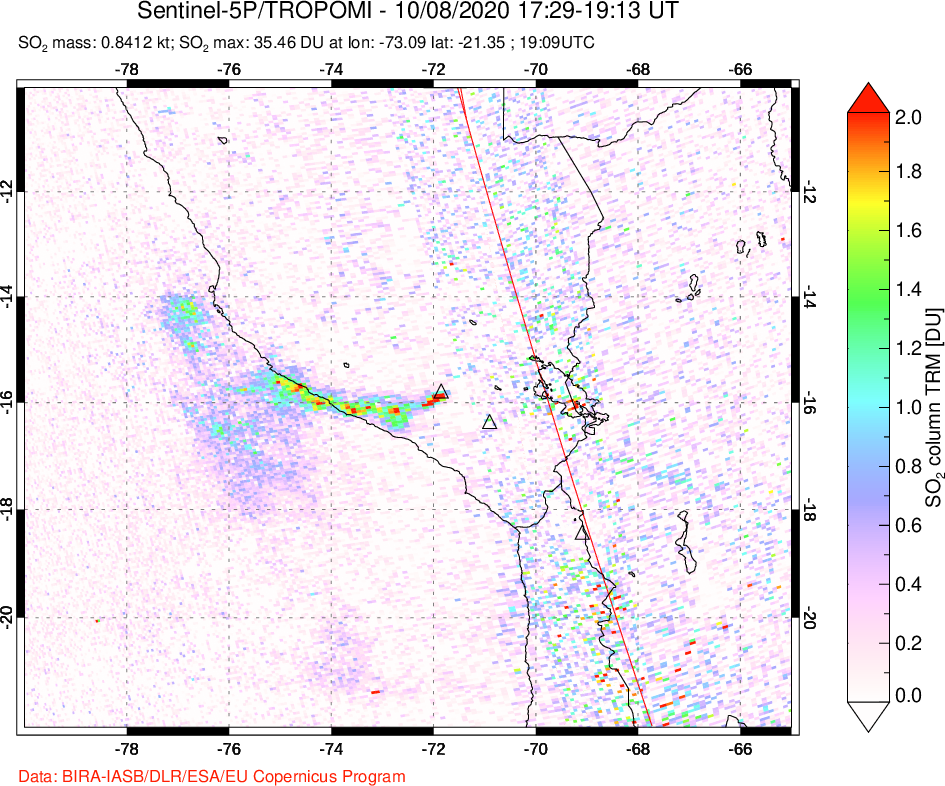 A sulfur dioxide image over Peru on Oct 08, 2020.