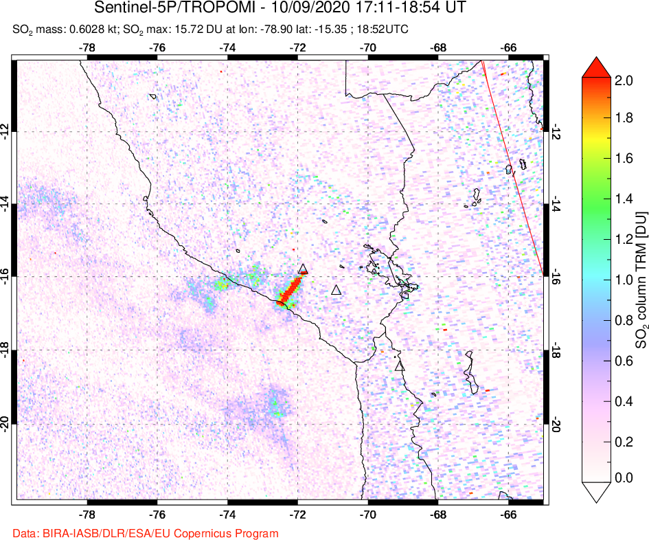 A sulfur dioxide image over Peru on Oct 09, 2020.