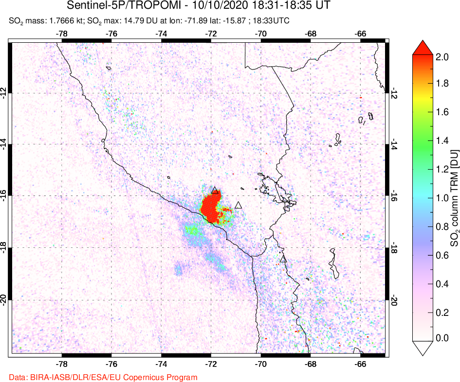 A sulfur dioxide image over Peru on Oct 10, 2020.