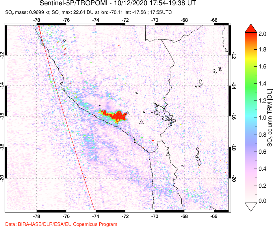 A sulfur dioxide image over Peru on Oct 12, 2020.