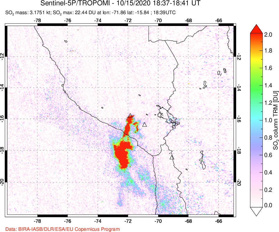 A sulfur dioxide image over Peru on Oct 15, 2020.