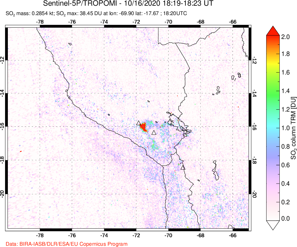 A sulfur dioxide image over Peru on Oct 16, 2020.