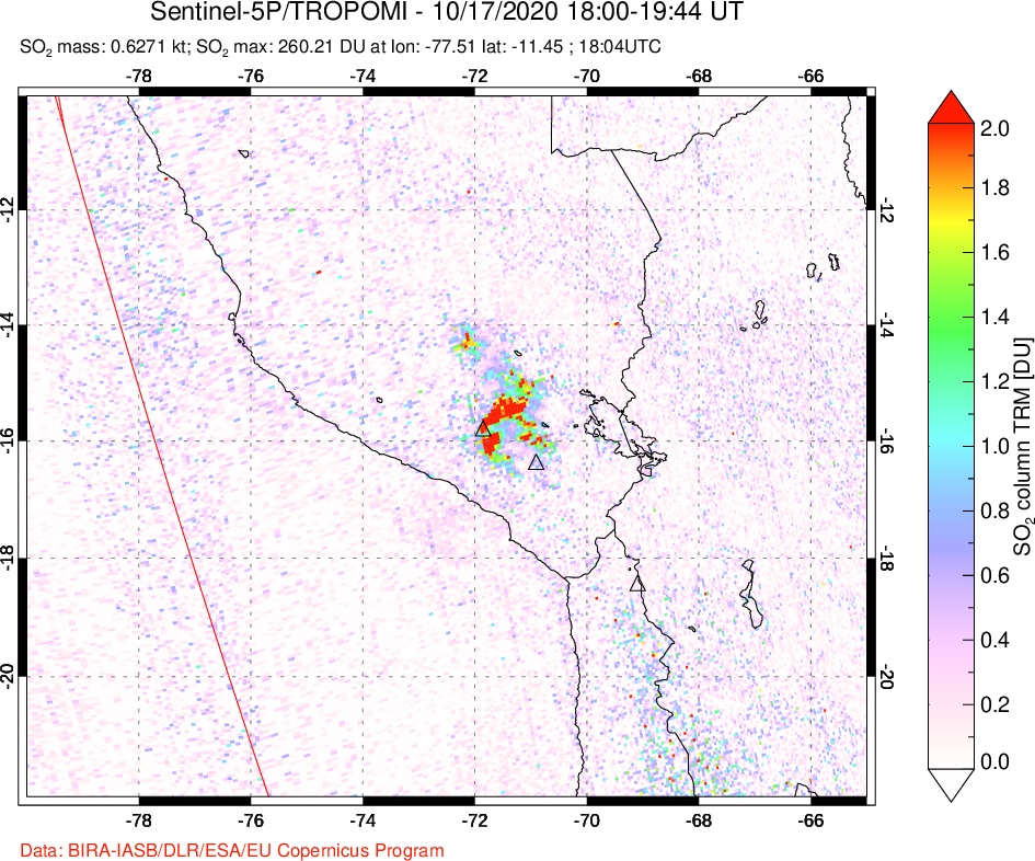 A sulfur dioxide image over Peru on Oct 17, 2020.