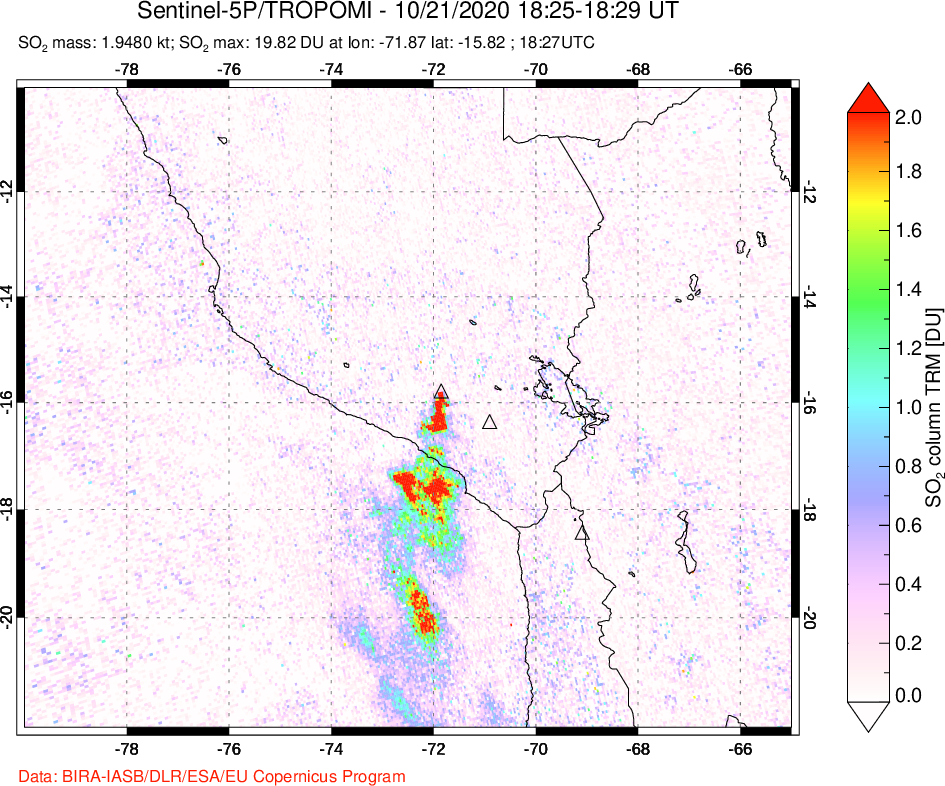 A sulfur dioxide image over Peru on Oct 21, 2020.