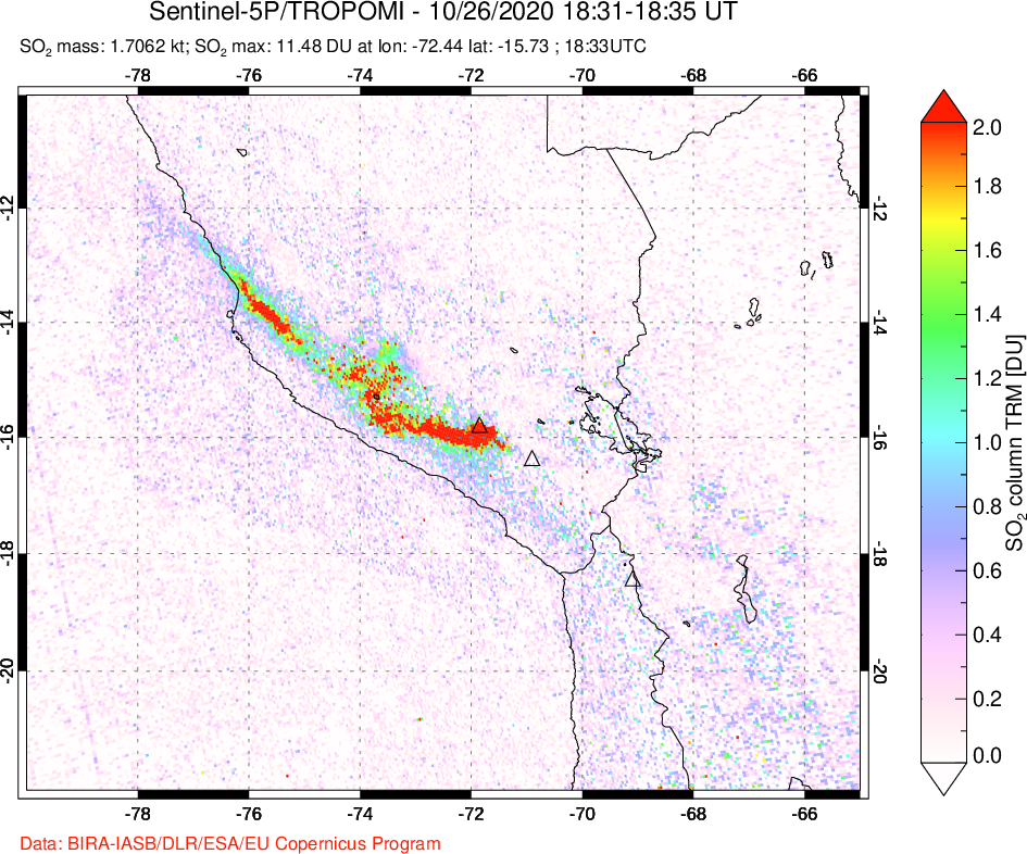 A sulfur dioxide image over Peru on Oct 26, 2020.