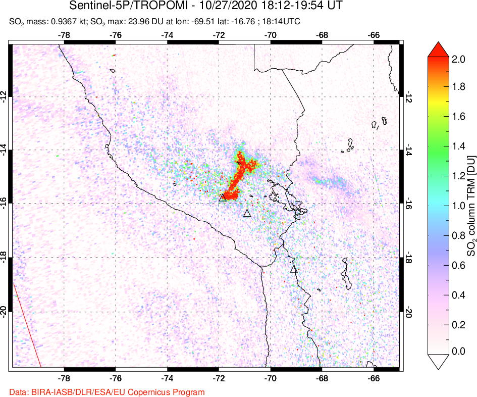 A sulfur dioxide image over Peru on Oct 27, 2020.