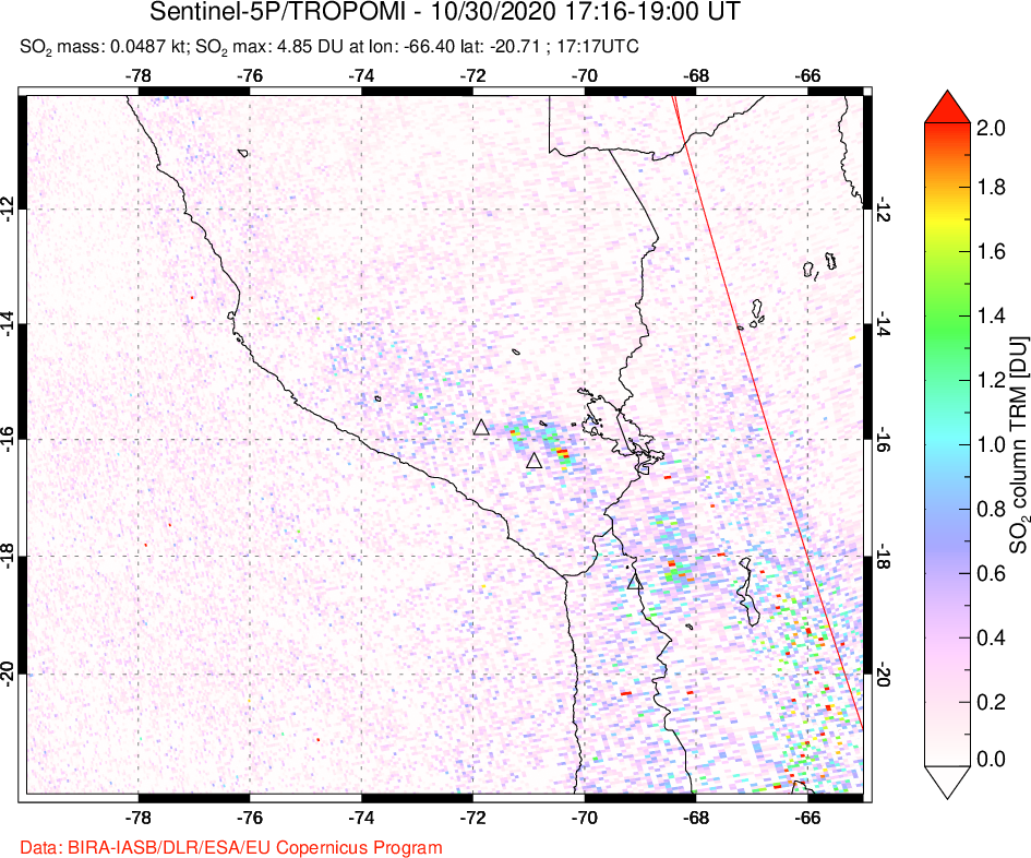 A sulfur dioxide image over Peru on Oct 30, 2020.